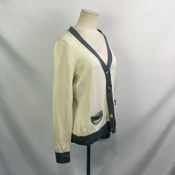 J Mcloughlin Cream With Gray Trim Chain Trim Cardigan - Picture 2 of 7